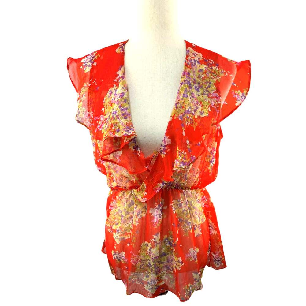 XXI Ruffle Collar Sheer Top Bright Red Floral Cap Sleeves Size S